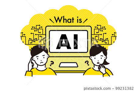 An illustration with a troubled person about simple pop AI with personal computers, IT, and digital images 99231382