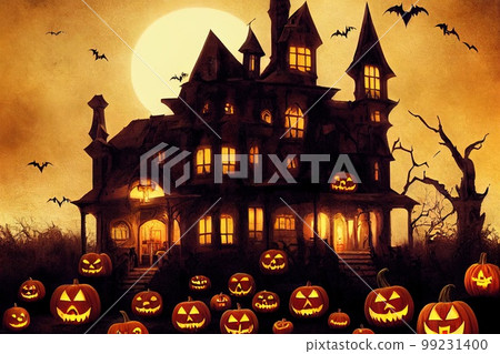 A dramatic, mystical Halloween backdrop. A full moon shines in the sky, a flock of bats flies in the dark sky. Near the castle lie pumpkins with candles. 3D render A dramatic, mystical Halloween backdrop. A full moon shines in the sky, a flock of bats flies in the dark sky. Near the castle lie pumpkins with candles. 3D render 99231400