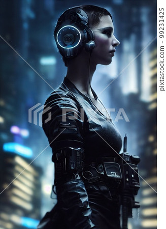 Realistic portrait of a fictional punk girl with headphones and black hair. Hipster girl with punk hair. 3D render Realistic portrait of a fictional punk girl with headphones and black hair. Hipster girl with punk hair. 3D render 99231425
