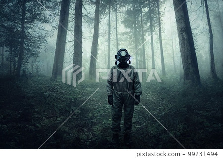 Stalker survivor in protective clothing and gas mask. Survivor against the ruins of a nuclear power plant after a nuclear war. 3d rendering 99231494