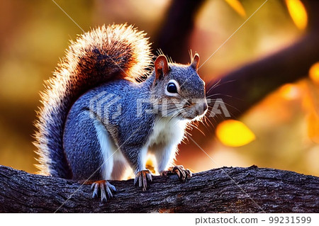 A squirrel in the autumn forest. A squirrel in nature in an autumn park. Cute squirrel gnawing on nuts. 3d rendering 99231599