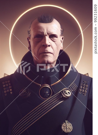 Portrait of a fictional space admiral. Admiral of a spaceship from the future. The concept of space travel. 3D rendering 99231609