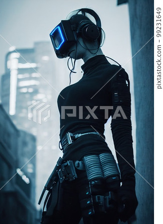Realistic portrait of a sci-fi cyberpunk girl in a cyber suit. High-tech futuristic man from the future. The concept of virtual reality and cyberpunk. 3D render. 99231649