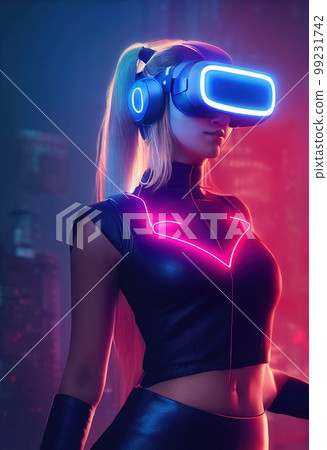 Realistic portrait of a sci-fi neon cyberpunk girl in a cyber suit. High-tech futuristic man from the future. The concept of virtual reality and cyberpunk. 3D render. Realistic portrait of a sci-fi neon cyberpunk girl in a cyber suit. High-tech futuristic man from the future. The concept of virtual reality and cyberpunk. 3D render. 99231742
