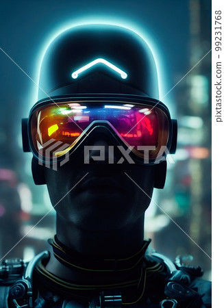 A fictional person, not based on a real person. Portrait of a sci-fi cyberpunk male. High-tech futuristic man from the future. The concept of virtual reality and cyberpunk. 3D render. A fictional person, not based on a real person. Portrait of a sci-fi cyberpunk male. High-tech futuristic man from the future. The concept of virtual reality and cyberpunk. 3D render. 99231768