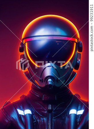 Portrait of a fictional futuristic pilot in an aviation helmet and pilot's suit, against a background of neon lights. 3d rendering 99231911