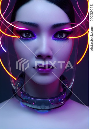 A fictional person, not based on a real person. Portrait of a sci-fi cyberpunk girl. High-tech futuristic woman from the future. The concept of virtual reality and cyberpunk. 3D render. A fictional person, not based on a real person. Portrait of a sci-fi cyberpunk girl. High-tech futuristic woman from the future. The concept of virtual reality and cyberpunk. 3D render. 99232028