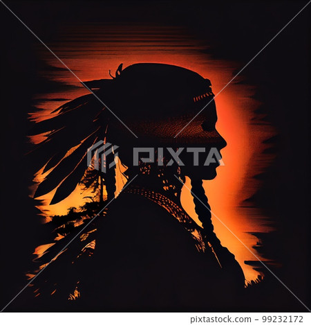 Silhouette of a woman from an Indian tribe in front of a teepee. Generative AI Art Silhouette of a woman from an Indian tribe in front of a teepee. Generative AI Art 99232172