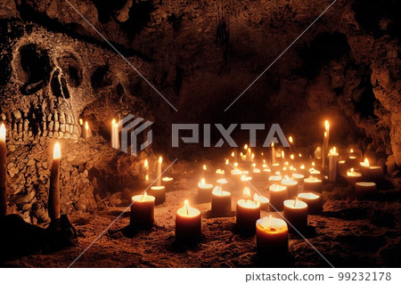 Creepy ancient cave with burning candles and skulls. An old abandoned grotto with bones. 3D rendering. Creepy ancient cave with burning candles and skulls. An old abandoned grotto with bones. 3D rendering. 99232178