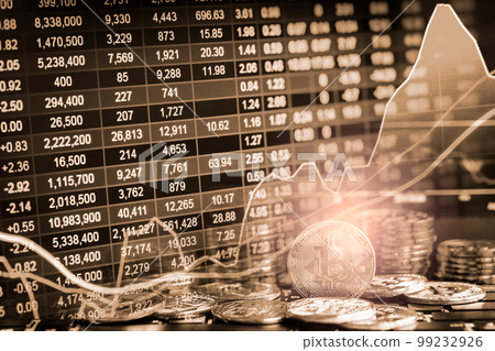 Modern way of exchange. Bitcoin is convenient payment in global economy market. Virtual digital currency and financial investment trade concept. Abstract cryptocurrency with gold bitcoin background.. Modern way of exchange. Bitcoin is convenient payment in global economy market. Virtual digital currency and financial investment trade concept. Abstract cryptocurrency with gold bitcoin background.. 99232926