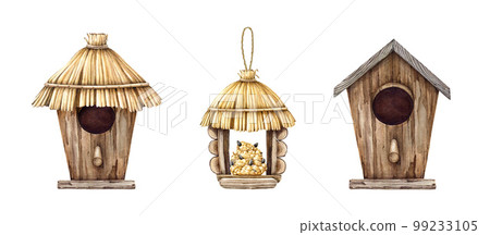 Birdhouse, feeder illustration set. Hand drawn house and feeding place for backyard birds. Watercolor drawing. Vintage style cozy birdhouse and feeder collection. White background 99233105