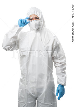 Worker wears medical protective suit or white coverall suit with mask and goggles 99233205
