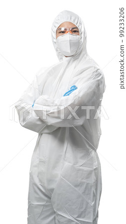 Worker wears medical protective suit or white coverall suit with mask and goggles 99233206