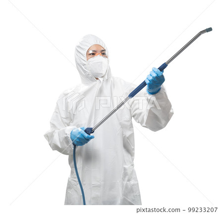 Worker wears medical protective suit or white coverall suit with equipment for spray Worker wears medical protective suit or white coverall suit with equipment for spray 99233207