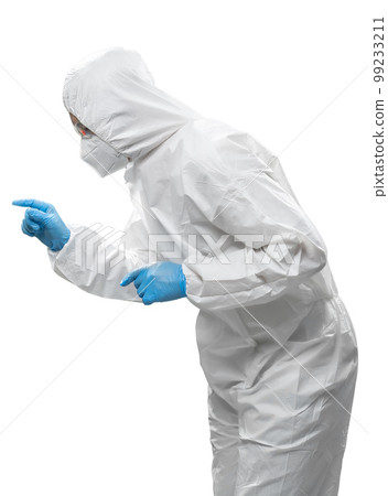 Worker wears medical protective suit or white coverall suit with mask and goggles 99233211