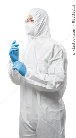 Worker wears medical protective suit or white coverall suit with mask and goggles 99233212