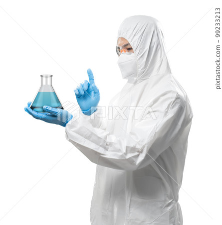 Worker wears medical protective suit or white coverall suit with beaker 99233213