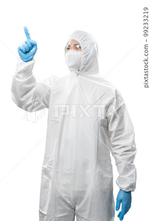 Worker wears medical protective suit or white coverall suit with mask and goggles finger point 99233219