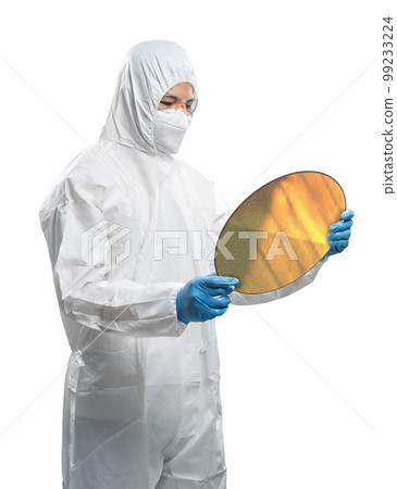 Worker or engineer wears medical protective suit or white coverall suit with silicon wafer Worker or engineer wears medical protective suit or white coverall suit with silicon wafer 99233224
