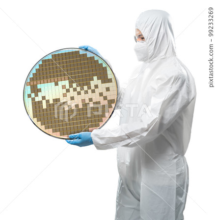 Worker or engineer wears medical protective suit or white coverall suit with silicon wafer 99233269