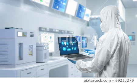 Worker or engineer wears protective suit or coverall suit work in semiconductor manufacturing factory 99233279