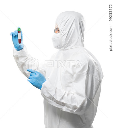 Worker wears medical protective suit or white coverall suit with test tube 99233372