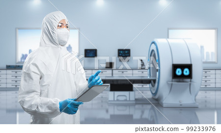 Doctor wears medical protective suit or coverall suit with x-ray brain and mri scan machine Doctor wears medical protective suit or coverall suit with x-ray brain and mri scan machine 99233976