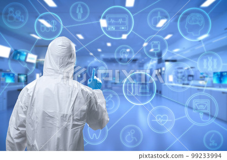 Doctor wears medical protective suit or coverall suit with graphic display 99233994