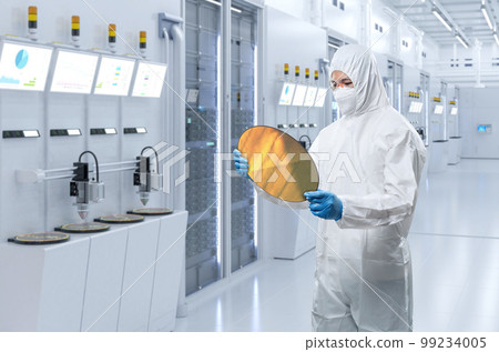 Worker or engineer wears medical protective suit or coverall suit with silicon wafer 99234005
