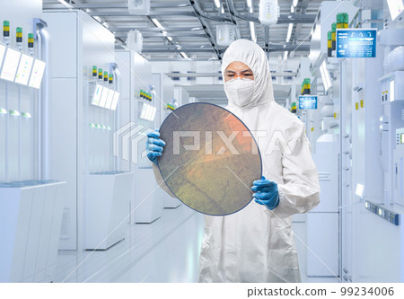 Worker or engineer wears medical protective suit or coverall suit with silicon wafer 99234006
