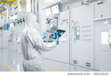 Worker or engineer wears protective suit or coverall suit work in semiconductor manufacturing factory 99234010