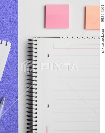 Different Office Supplies, Colored Stickers, Notebooks. Pens, Pencils, Rullers, Marckers. Different School Items. Important information. Accessories lying on desk. 99234161