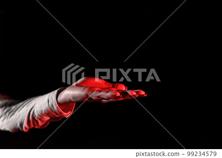 Woman Pointing On Important Messages With One Finger. Businesswoman Having Virtual Reality Eyeglasses And Showing Crutial Informations. 99234579