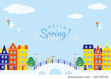 運河沿岸城市的背景插圖，擁有色彩繽紛的房屋和商店 99234593