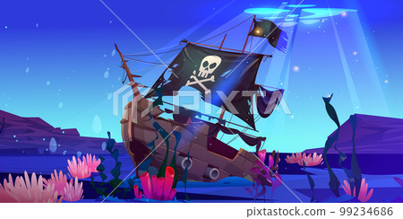 Wreck pirate ship underwater with torn flag Wreck pirate ship underwater with torn flag 99234686