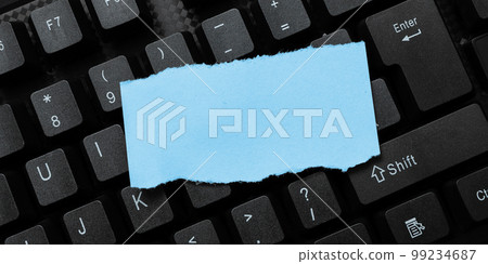 Colored sticker lying on black keyboard. Important information written over paper. Image with school supplies. Multiple Assorted Collection Office Stationery. Colored sticker lying on black keyboard. Important information written over paper. Image with school supplies. Multiple Assorted Collection Office Stationery. 99234687