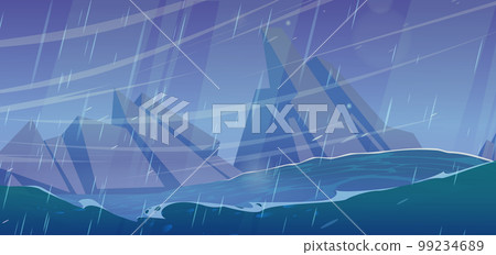 Stormy sea with mountain landscape. Rain in ocean 99234689