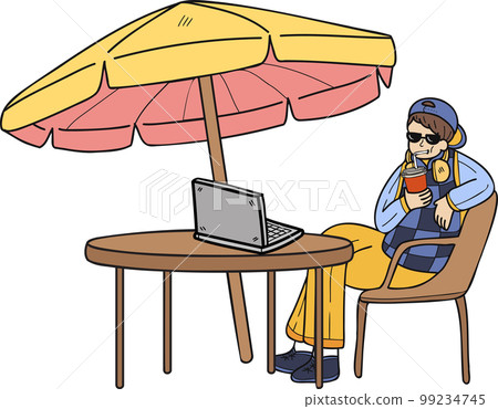 Hand Drawn Freelancer working on laptop at sea illustration in doodle style Hand Drawn Freelancer working on laptop at sea illustration in doodle style 99234745
