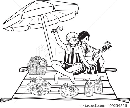 Hand Drawn Couple sitting on a picnic on the beach illustration in doodle style 99234826