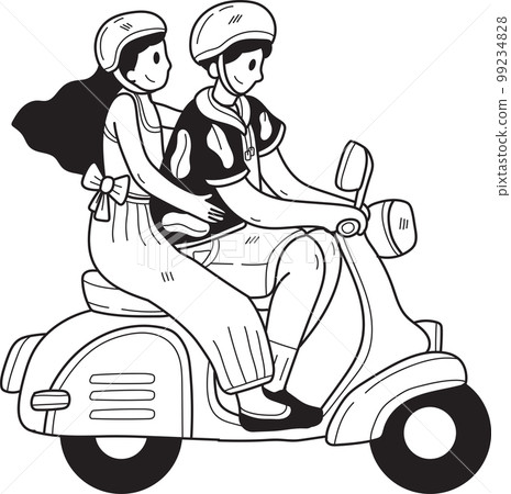 Hand Drawn couple riding a scooter illustration in doodle style 99234828