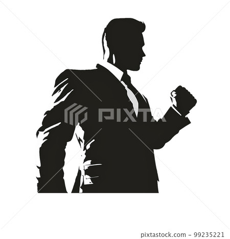一個穿著緊身西裝和拳頭姿勢的男人用拳頭商人剪影 99235221