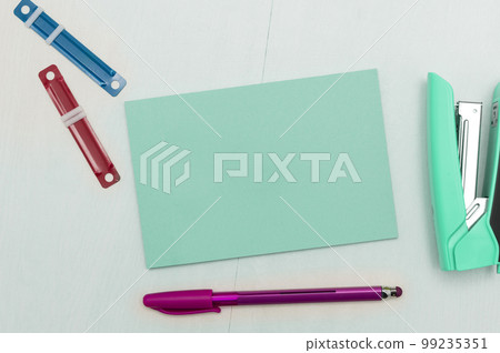 Image with school supplies, colored stickers, notebooks. Pens, pencils, rullers, calculator, keyboard. Assortment office items. Important information written on paper. 99235351