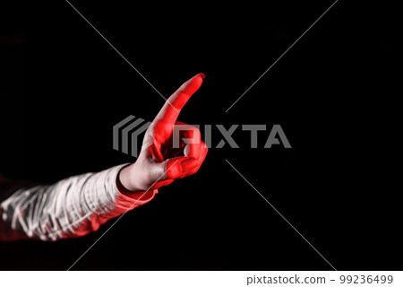 Woman Pointing On Important Messages With One Finger. Businesswoman Having Virtual Reality Eyeglasses And Showing Crutial Informations. 99236499