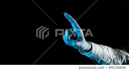Woman Pointing On Important Messages With One Finger. Businesswoman Having Virtual Reality Eyeglasses And Showing Crutial Informations. 99236646