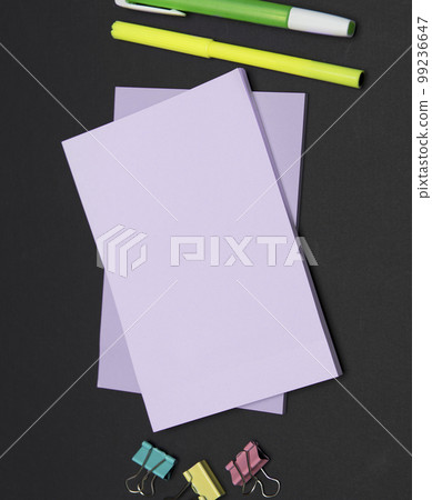 Different Office Supplies, Colored Stickers, Notebooks. Pens, Pencils, Rullers, Marckers. Different School Items. Important information. Accessories lying on desk. 99236647