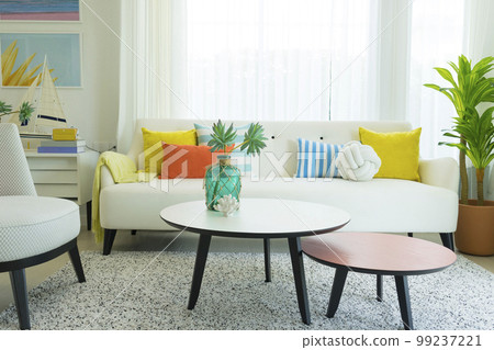 Sofa with colorful pillows in room. Home interior with Colorful pillows and green plant pot 99237221