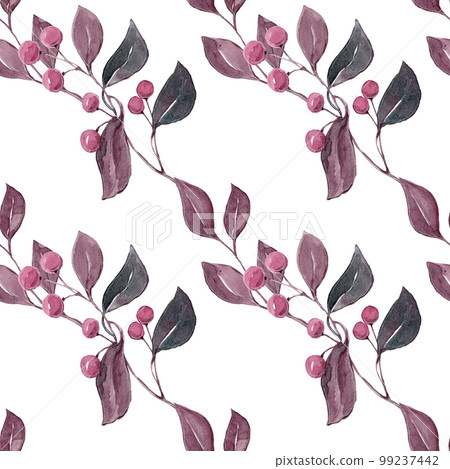 Red berries on a plucked branch with autumn leaves. Watercolor seamless pattern of isolated illustrations of overripe berries for your design Red berries on a plucked branch with autumn leaves. Watercolor seamless pattern of isolated illustrations of overripe berries for your design 99237442