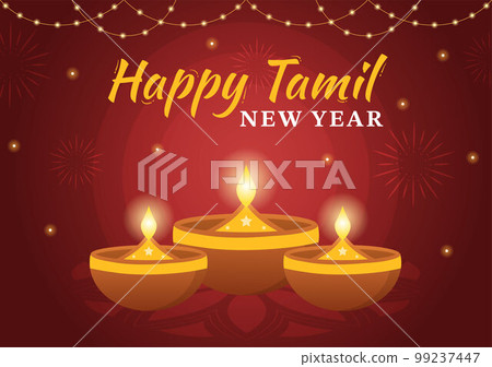 Happy Tamil New Year Illustration with Vishu Flowers, Pots and Indian Hindu Festival in Flat Cartoon Hand Drawn for Landing Page Templates 99237447