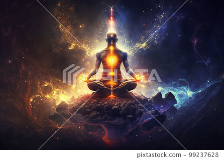 Man sits in lotus pose, person practices yoga and meditation radiating energy, generative AI 99237628