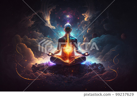 Man sits in lotus pose, person practices yoga and meditation radiating energy, generative AI 99237629
